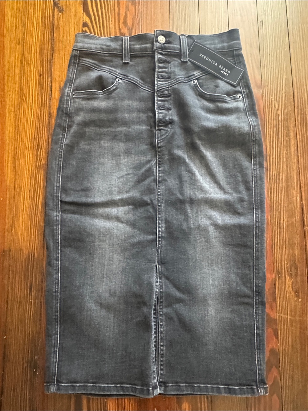 Veronica Beard Washed Black Denim Pencil Midi Skirt
